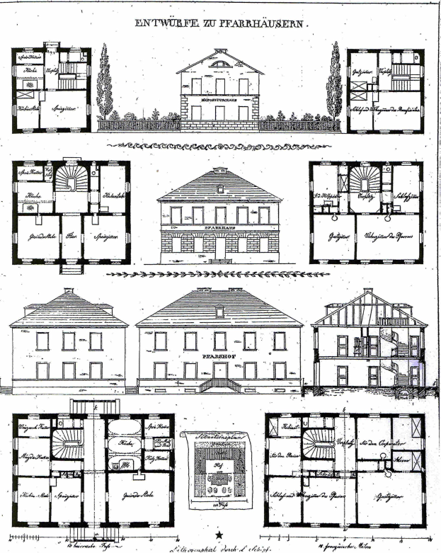 Schwarze und weiße architektonische Zeichnung eines Hauses mit zahlreichen Fenstern, beschriftet "Pläne für ein Haus in Deutschland", umgeben von Bäumen.